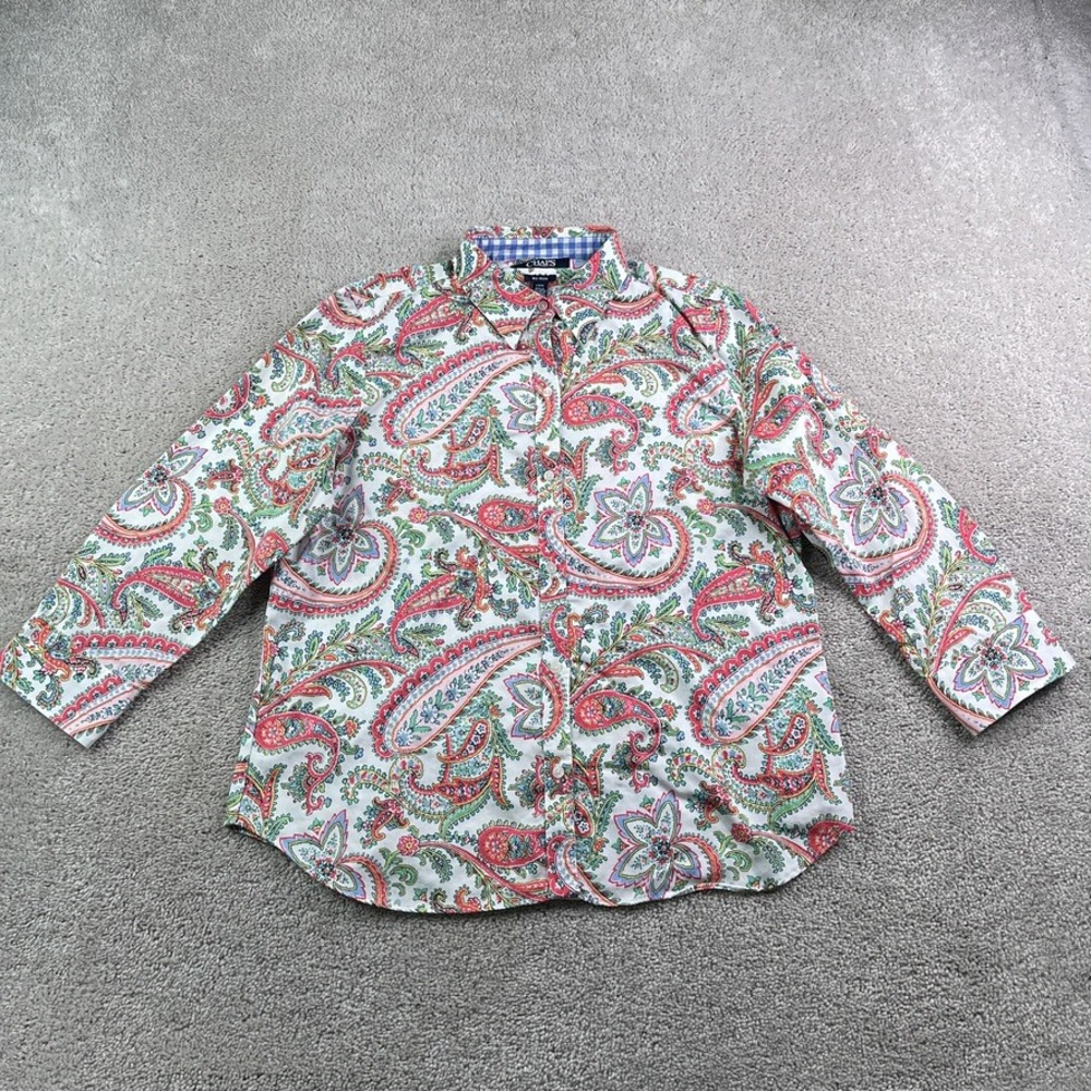 Chaps Top Womens Large White Pink Paisley No Iron Button Up 3/4 Sleeve Blouse - Picture 2 of 11